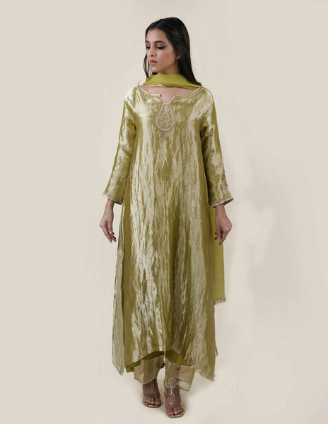 Green Tissue  - A-line Kurta Set