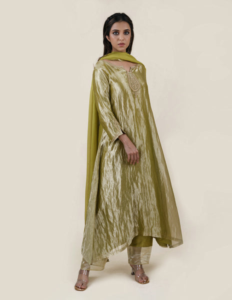 Green Tissue  - A-line Kurta Set