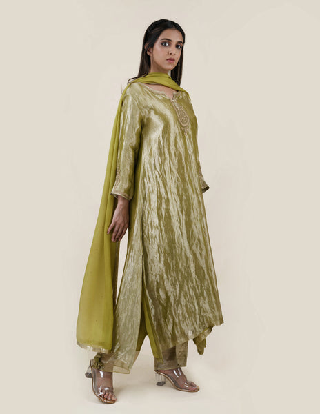 Green Tissue  - A-line Kurta Set