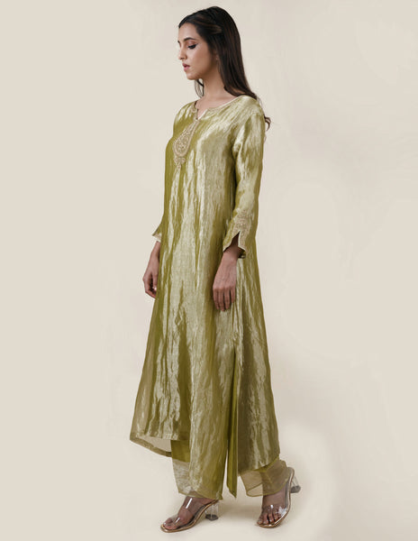 Green Tissue  - A-line Kurta Set