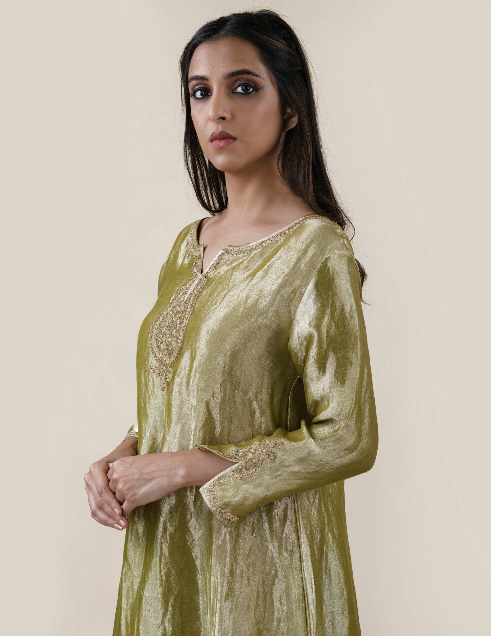 Green Tissue  - A-line Kurta Set