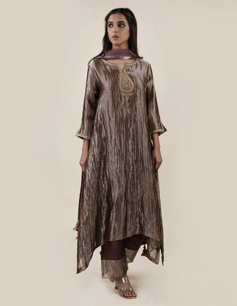 Chocolate Brown Tissue  - A-line Kurta Set