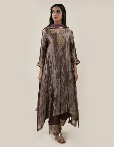 Chocolate Brown Tissue  - A-line Kurta Set