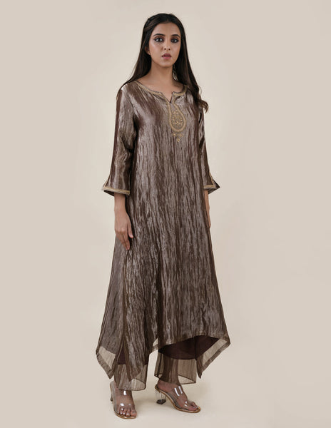 Chocolate Brown Tissue  - A-line Kurta Set
