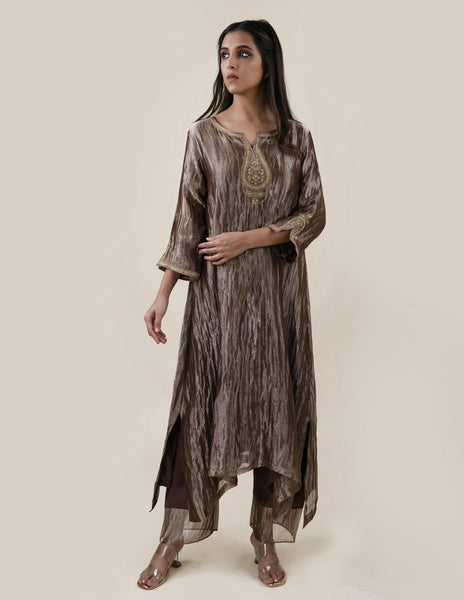 Chocolate Brown Tissue  - A-line Kurta Set