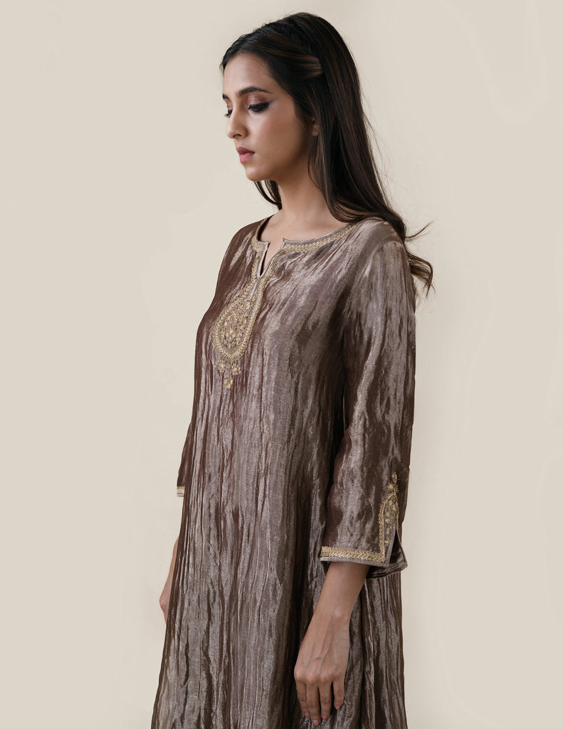 Brown & Chocolate striped Chanderi Foil Kurti – Q