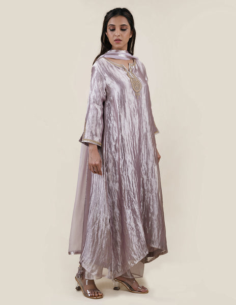 Grey Tissue  - A-line Kurta Set