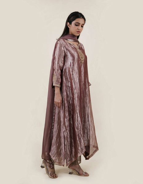 Light Brown Tissue  - A-line Kurta Set