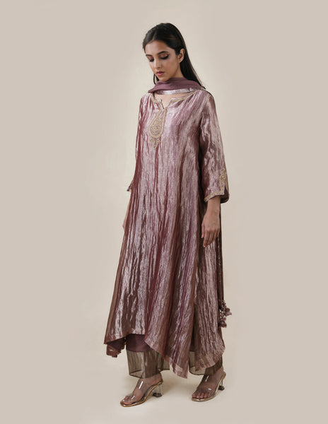Light Brown Tissue  - A-line Kurta Set