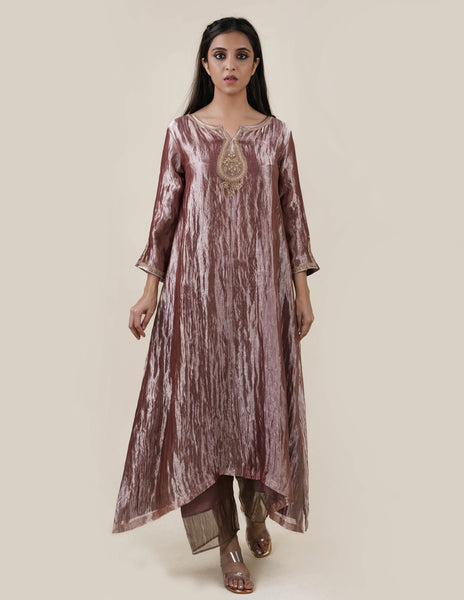 Light Brown Tissue  - A-line Kurta Set
