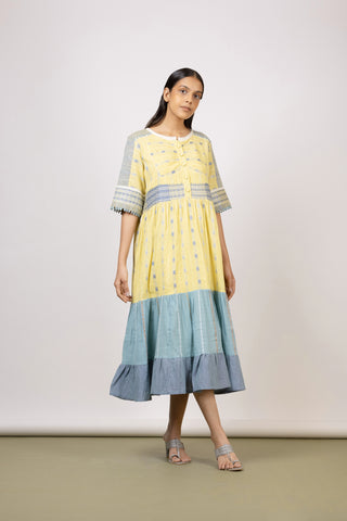 Limelight Yellow/Aquatic Blue Long Tier Midi Dress - Mélange