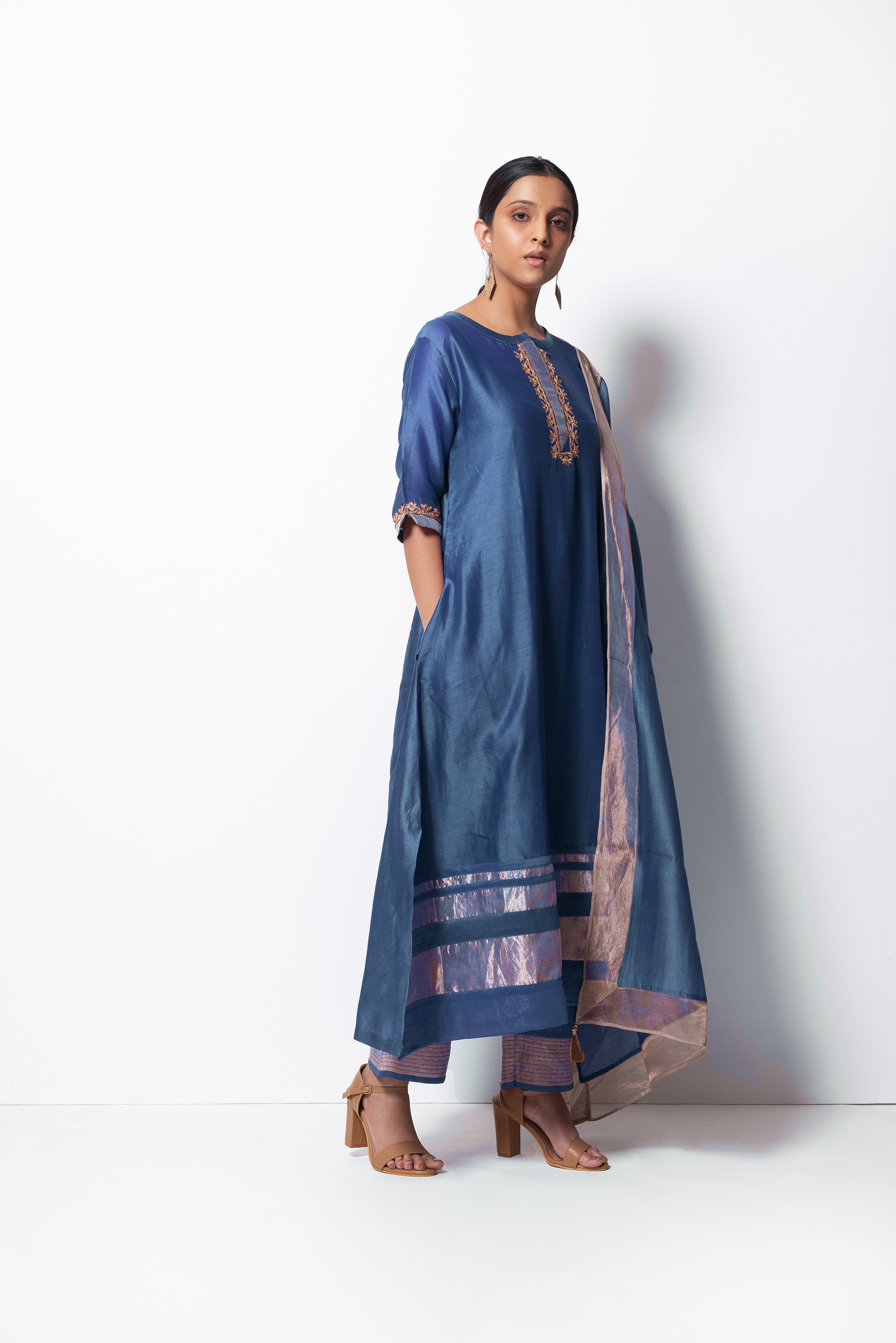 Blue Chanderi Silk  -  A-line Kurta Set