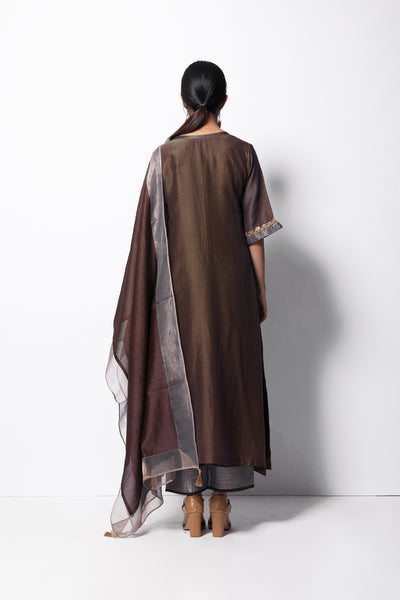 Brown Chanderi Silk  -  A-line Kurta Set