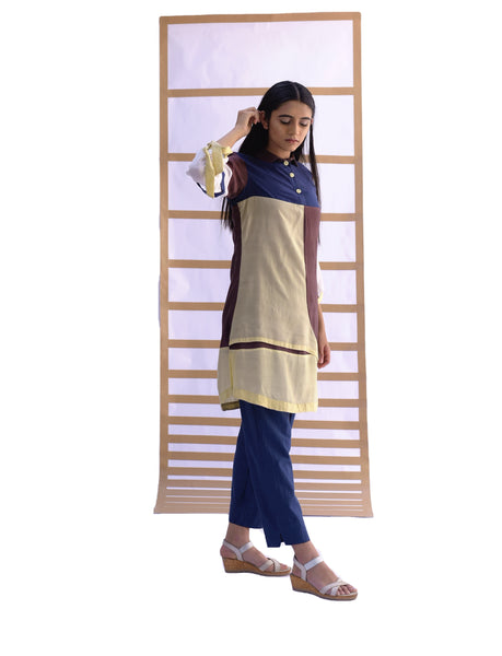 Layered Tunic & Pants - Indigo, Choco Brown & Pistachio Green Co-ord set