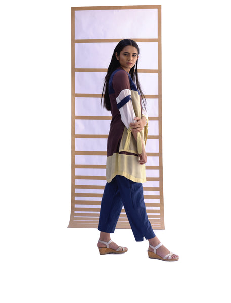 Layered Tunic & Pants - Indigo, Choco Brown & Pistachio Green Co-ord set