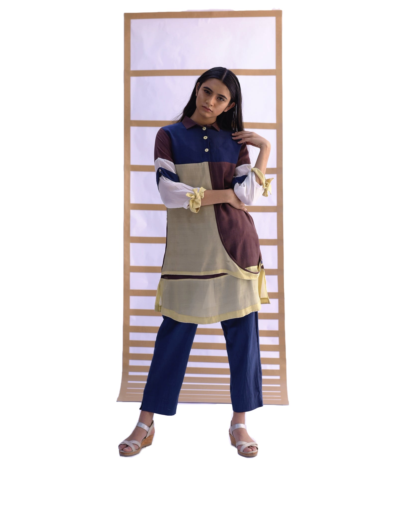 Layered Tunic & Pants - Indigo, Choco Brown & Pistachio Green Co-ord set