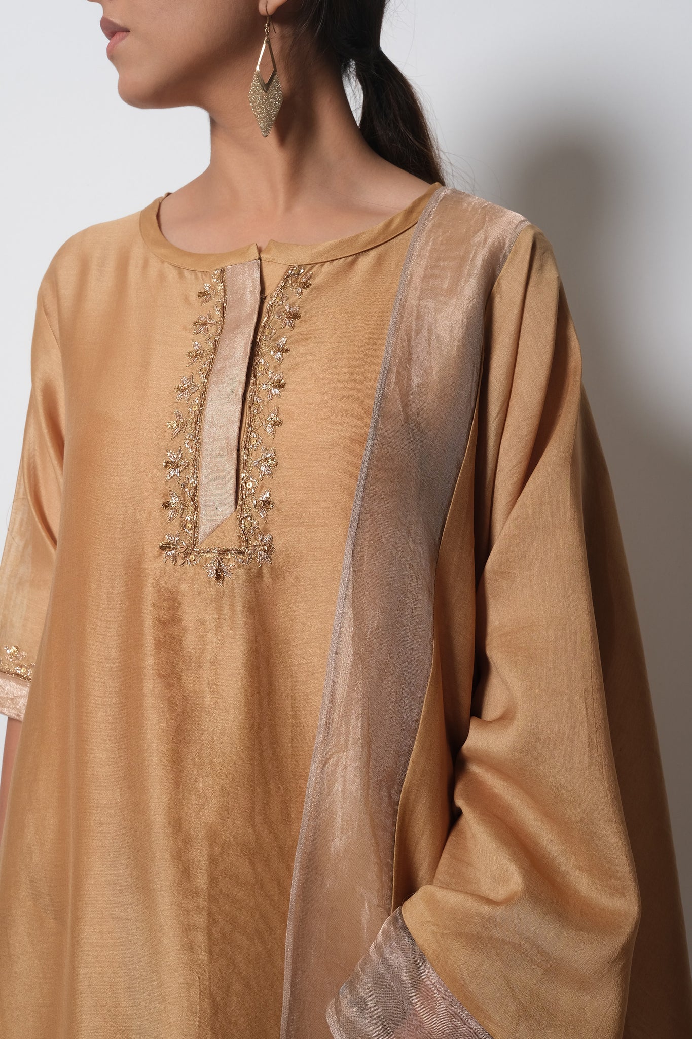 Beige Chanderi Silk  -  A-line Kurta Set