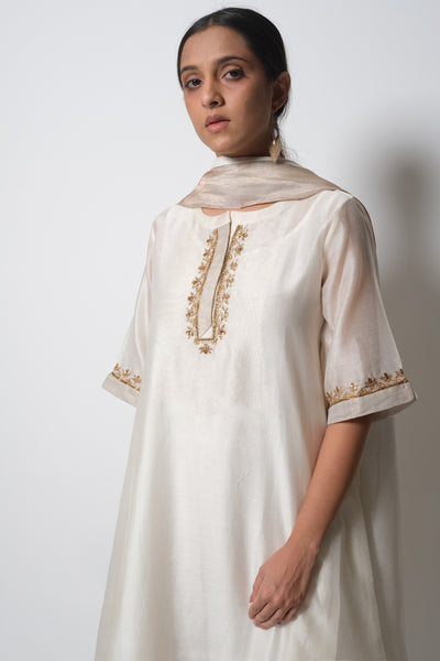 Off White Chanderi Silk -  A-line Kurta Set