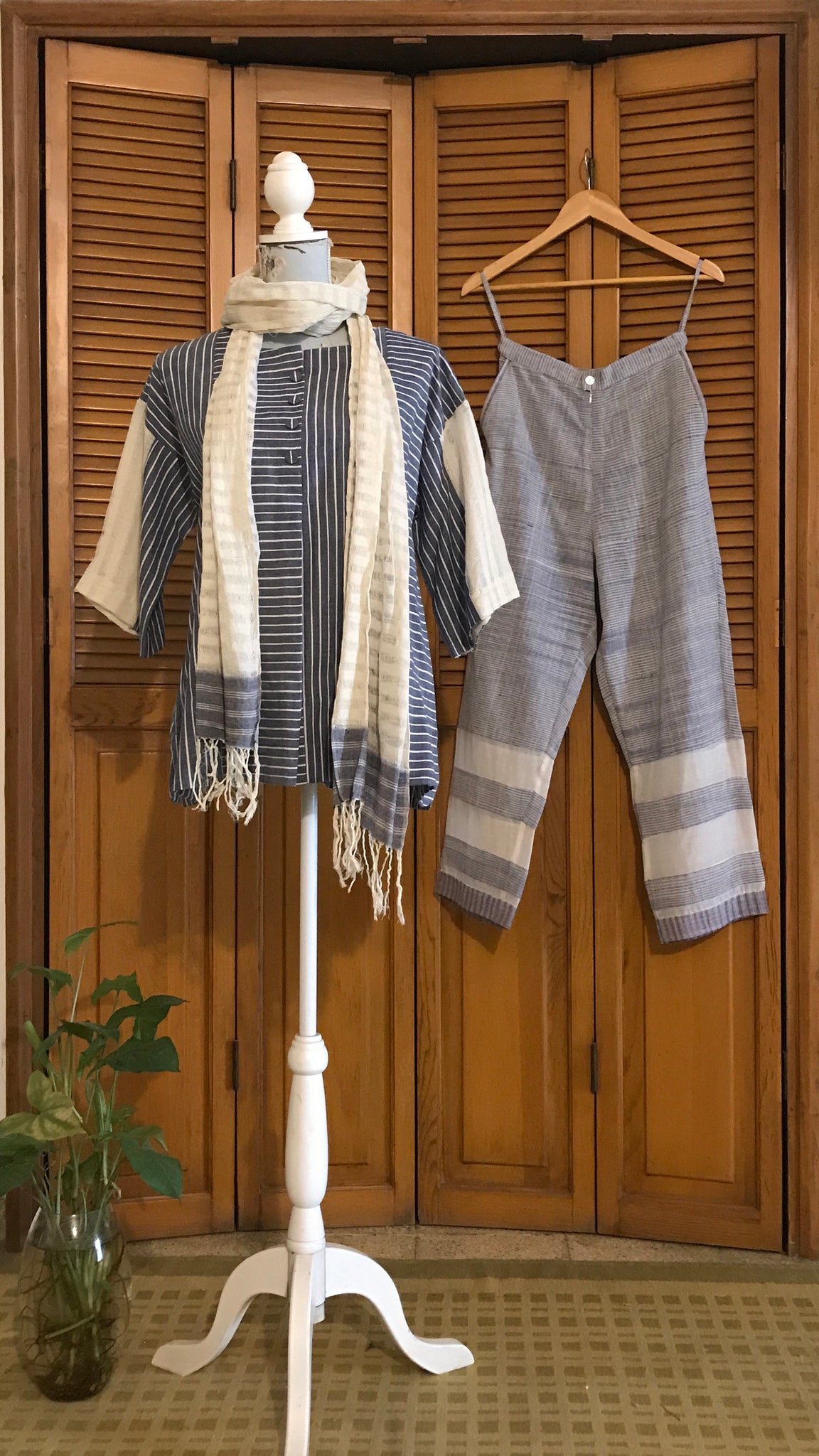 Cotton Indigo Stripes Kimono Top, Handwoven Cotton Indigo Pants and Handwoven off white Stole set