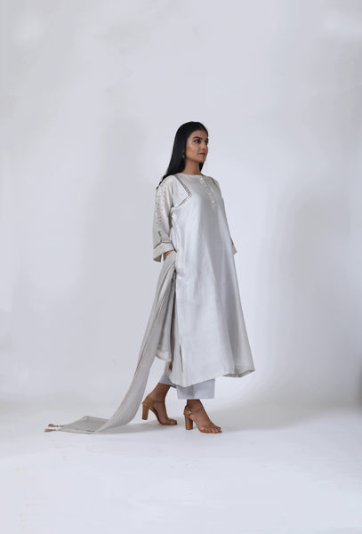 Pearl Grey Tvaksati Panelled Kurta Set
