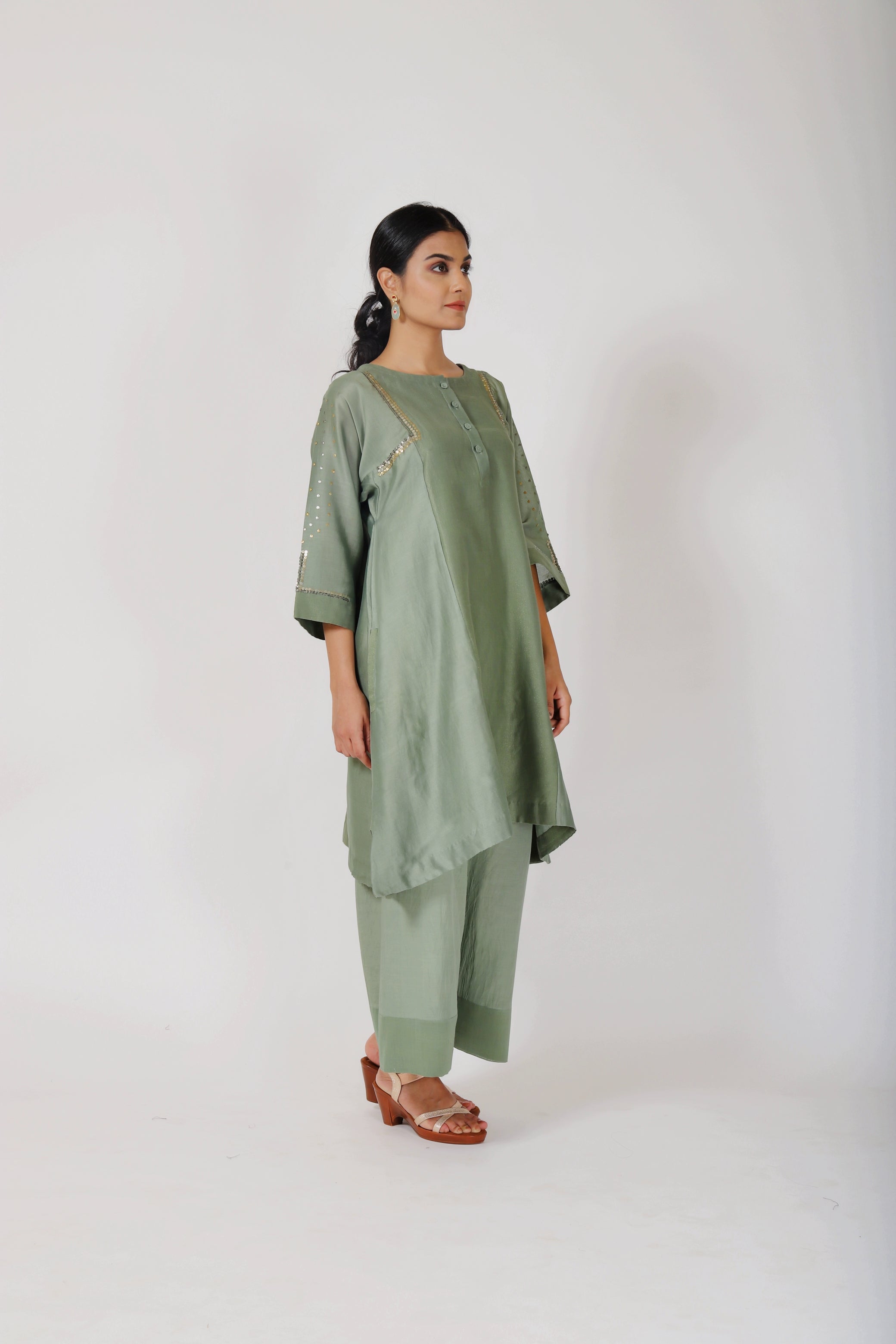 Fern Green Tvaksati Panelled Tunic Set