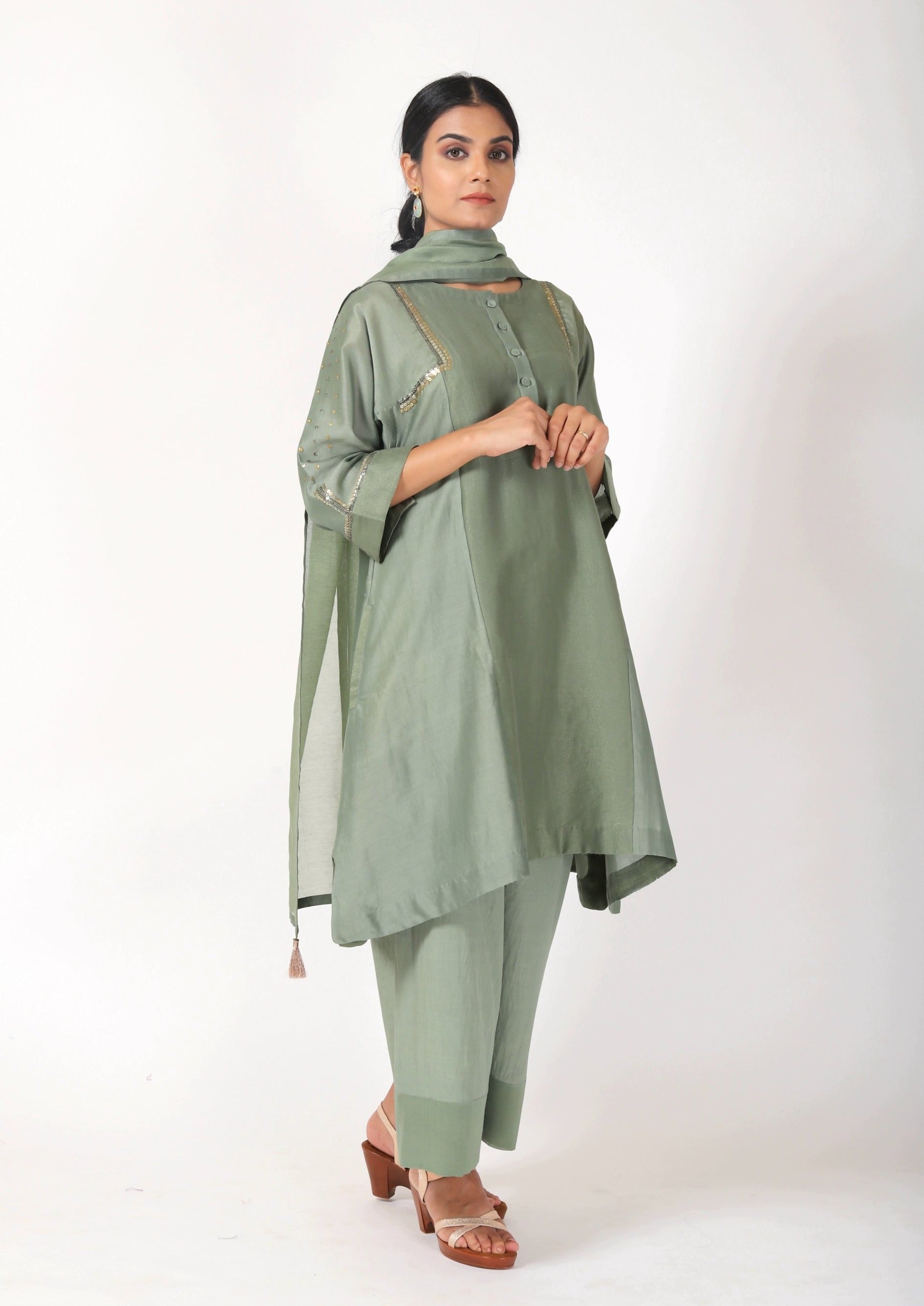 Fern Green Tvaksati Panelled Tunic Set