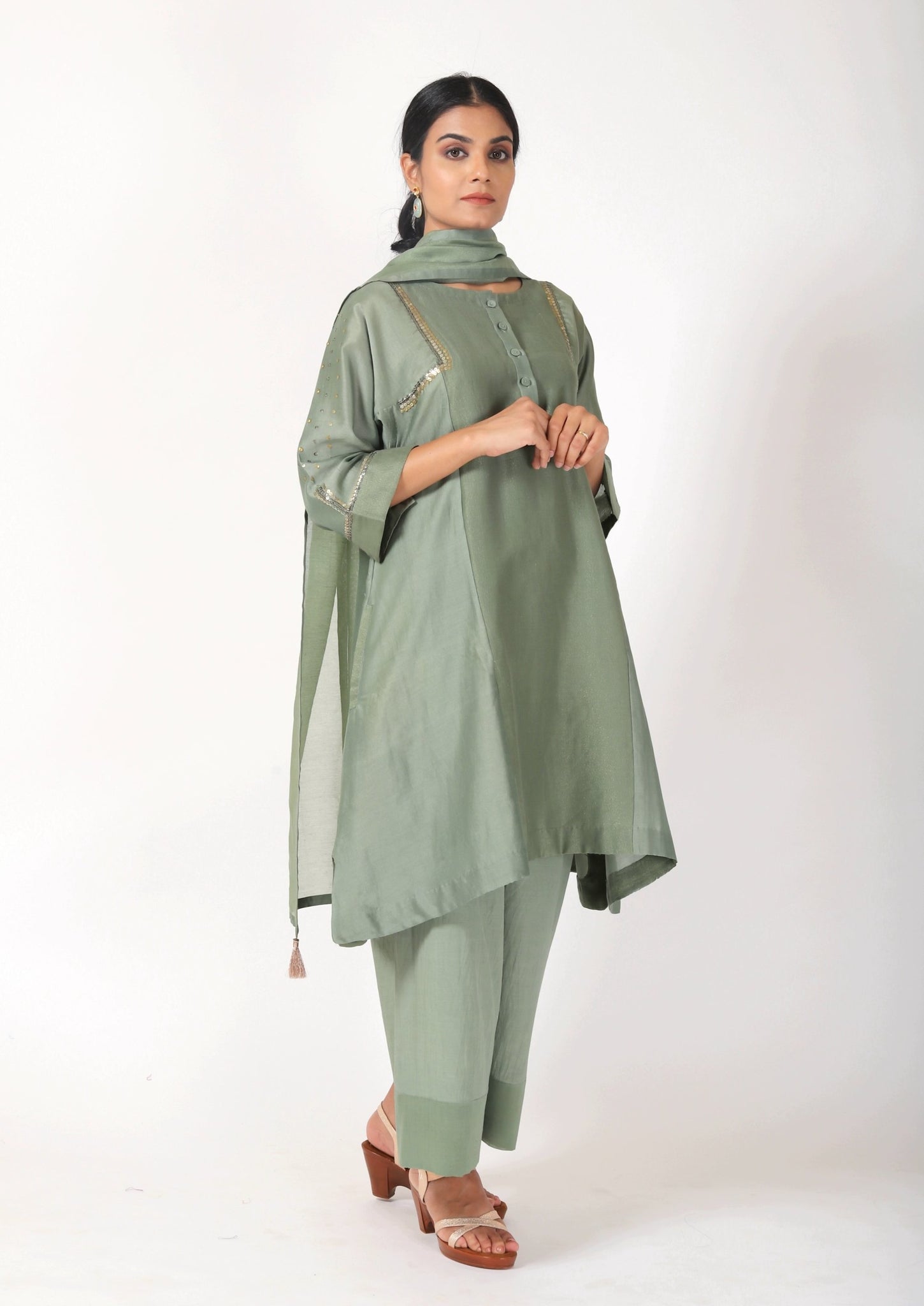Fern Green Tvaksati Panelled Tunic Set