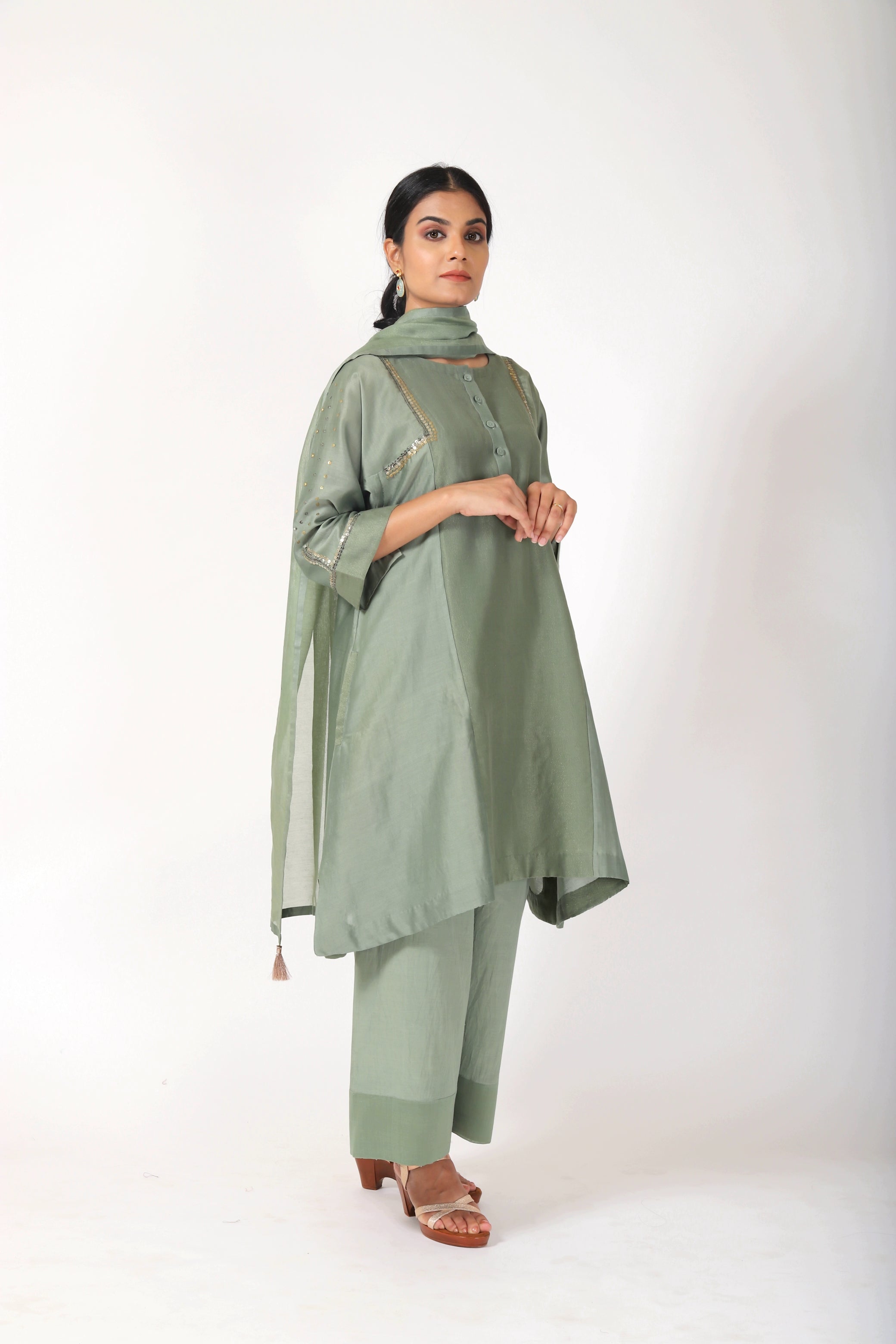 Fern Green Tvaksati Panelled Tunic Set
