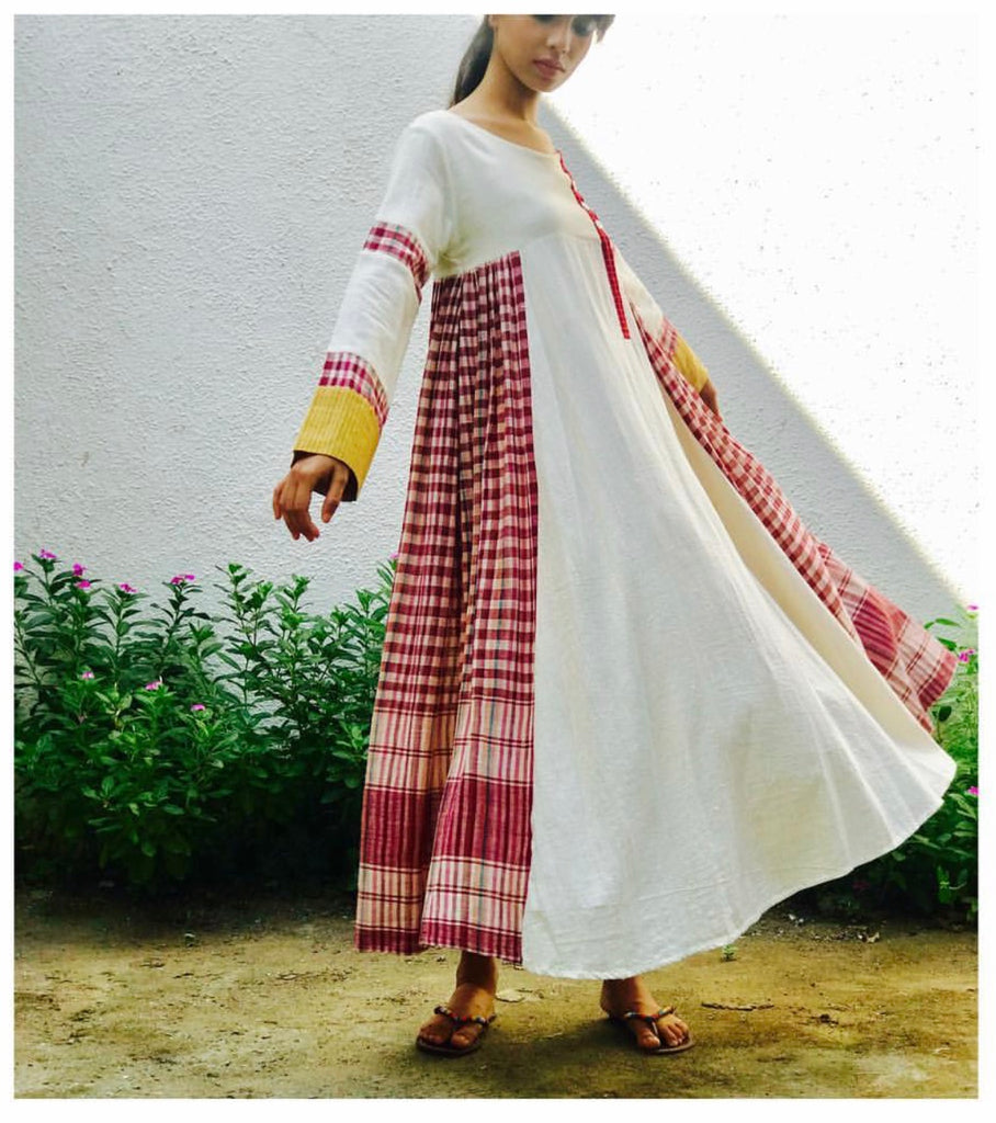 Naaz Beige Rust Green Black Hand Block Printed Long Cotton Kali Dress –  InduBindu