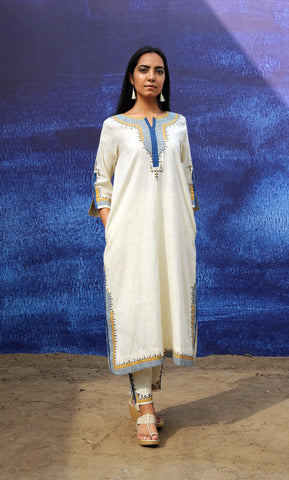 Handwoven Cotton Kurta Set with Hand Embroidered Pants, Summer and Contemporary Wear
