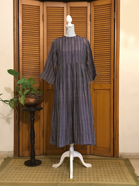Pleated Indigo Blue Dress - Linen Silk Zari Fabric