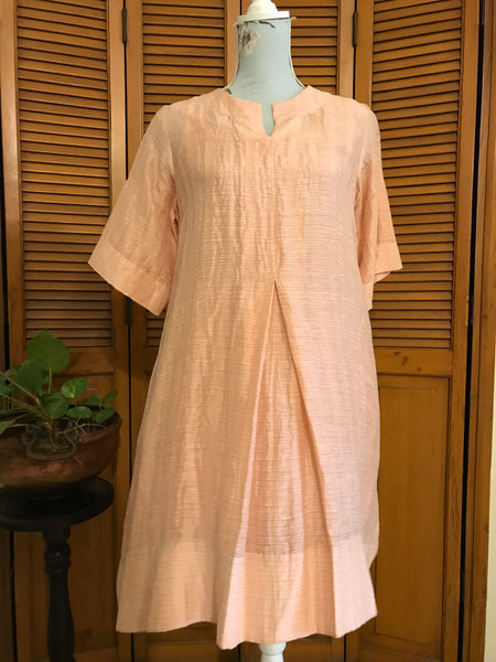 Rose Quartz Pink Inverted Box Pleated Short Dress - Linen Silk Zari Fabric