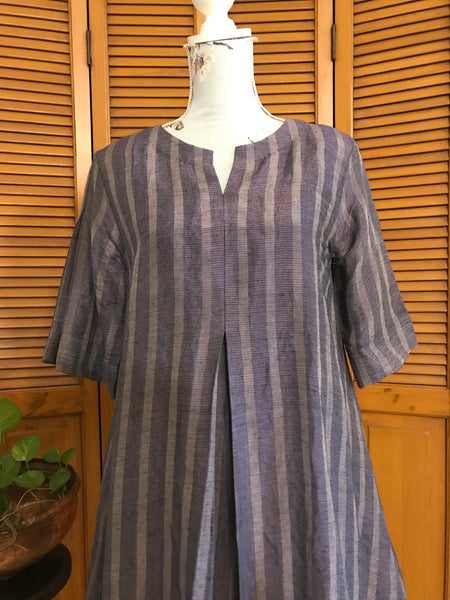 Indigo Blue Inverted Box Pleated Short Dress - Linen Silk Zari Fabric