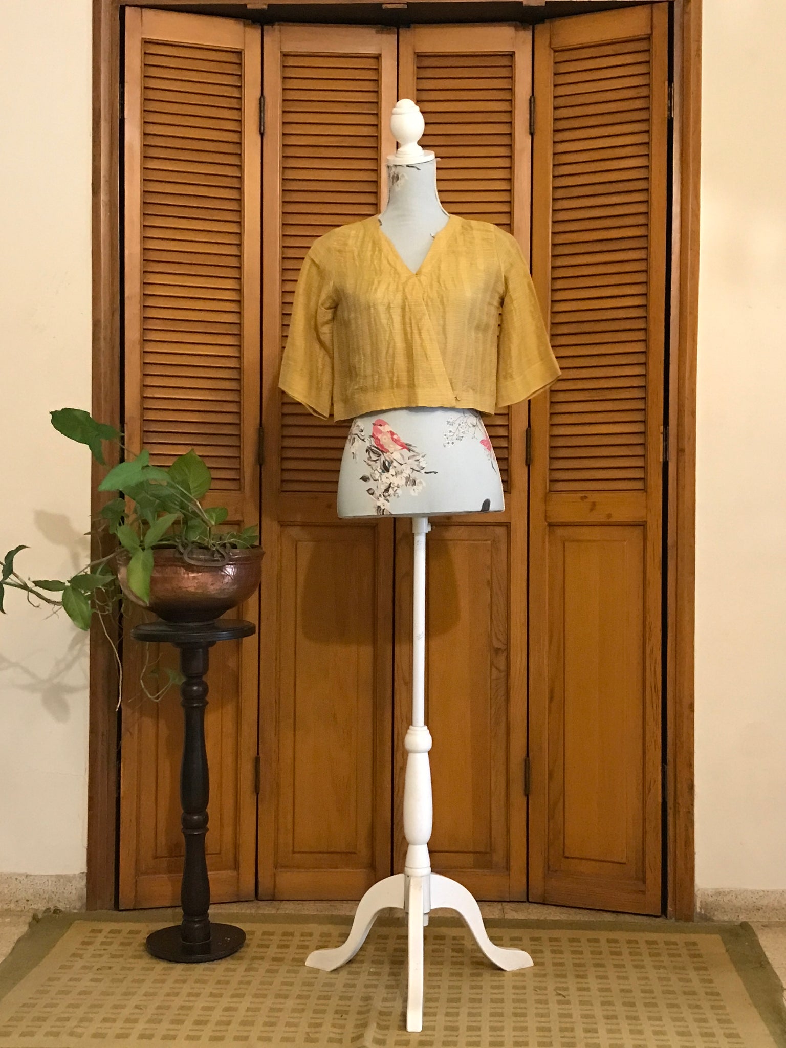 Overlapped Saree Blouse / Crop Top - Mustard Yellow Color- Linen Silk Zari Fabric