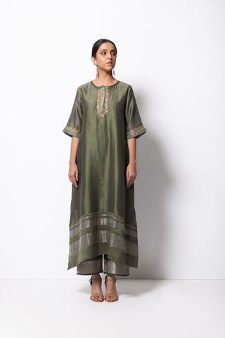 Olive Chanderi Silk  -  A-line Kurta Set