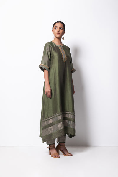 Olive Chanderi Silk  -  A-line Kurta Set