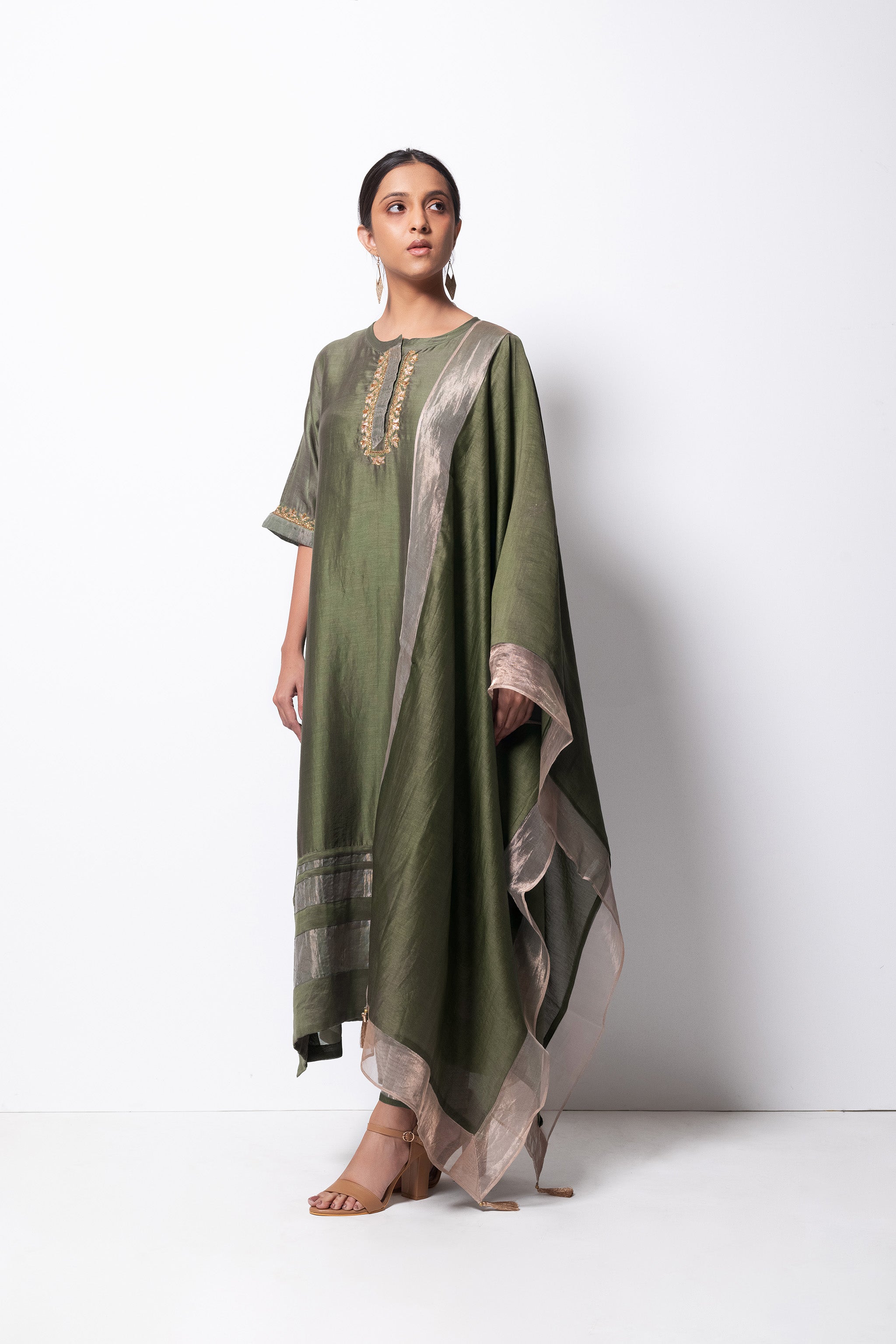 Olive Chanderi Silk  -  A-line Kurta Set