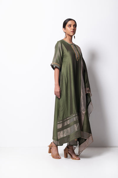 Olive Chanderi Silk  -  A-line Kurta Set