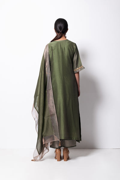 Olive Chanderi Silk  -  A-line Kurta Set