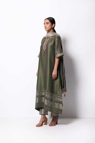 Olive Chanderi Silk  -  A-line Kurta Set