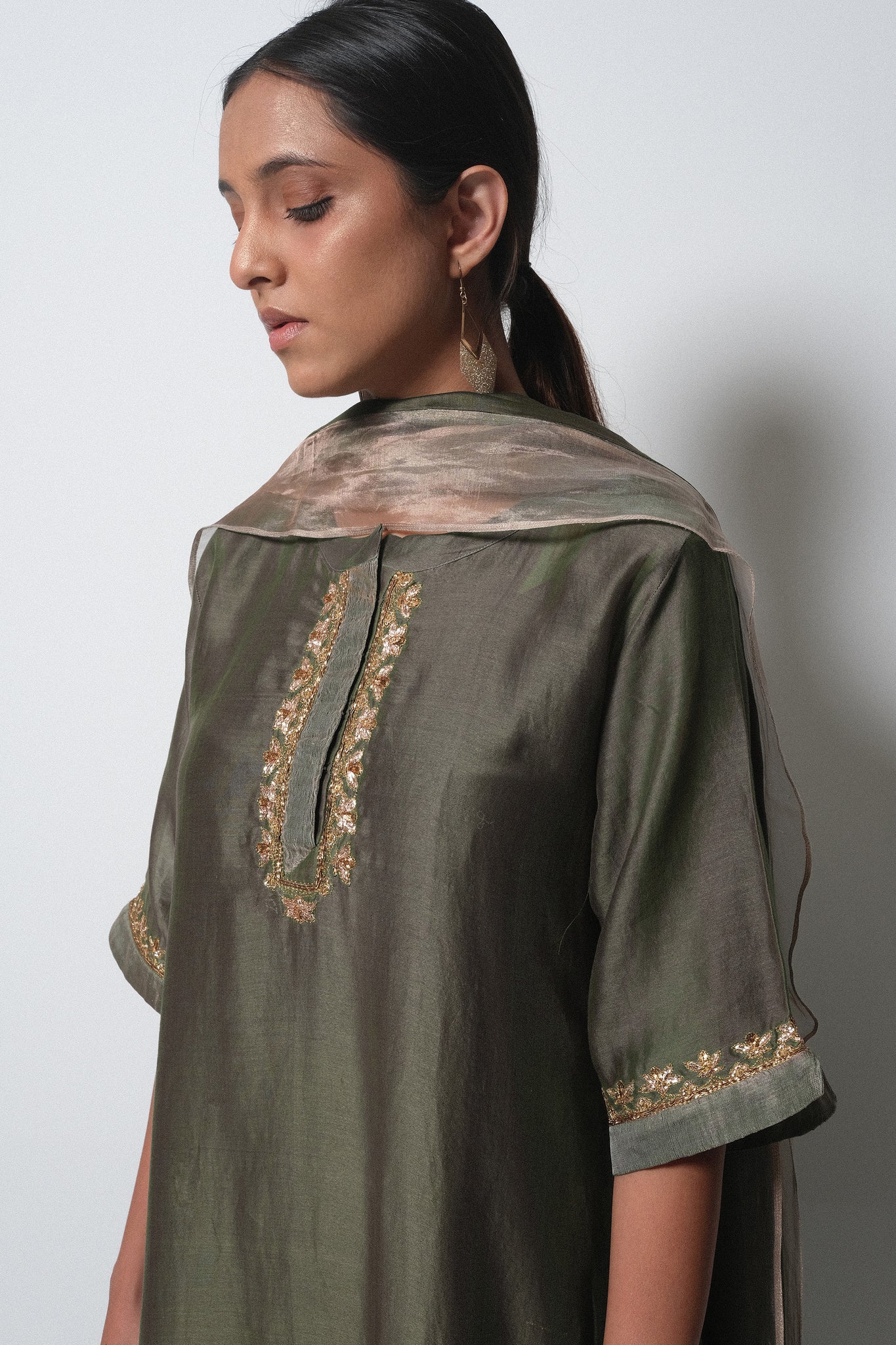 Olive Chanderi Silk  -  A-line Kurta Set