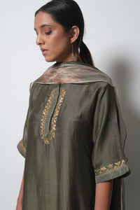Olive Chanderi Silk  -  A-line Kurta Set