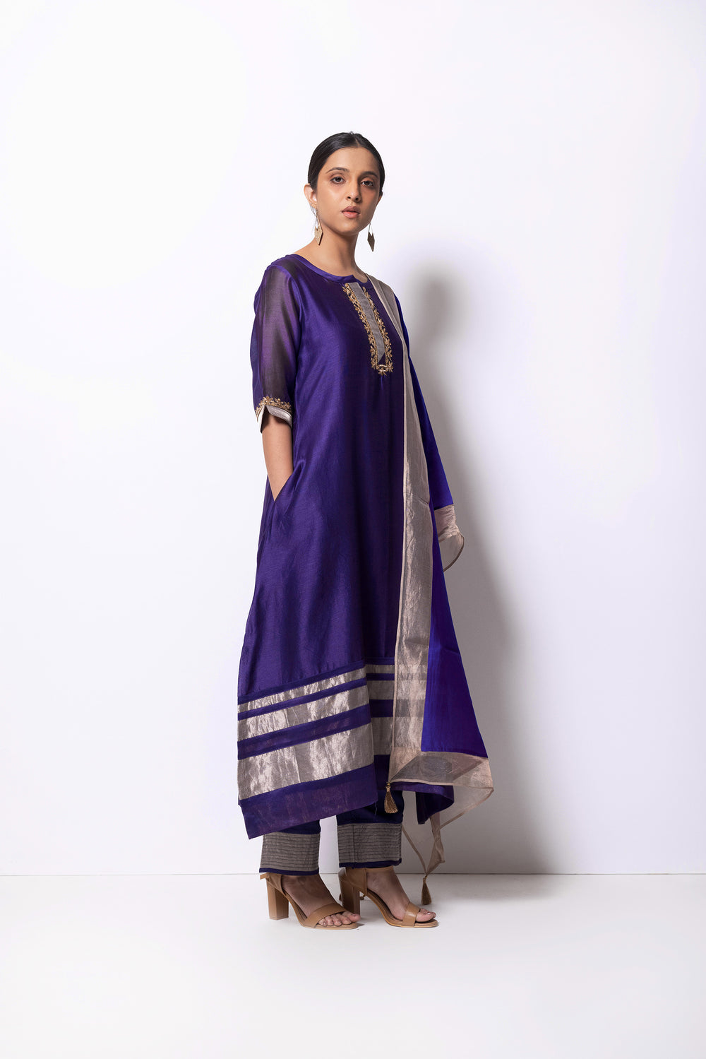 A-line Chanderi Silk Kurta Set